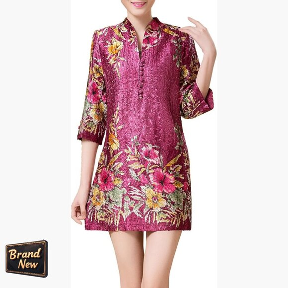 Crinkle Texture Floral Mini Dress 3/4 Sleeves V-Neck Frog Closures